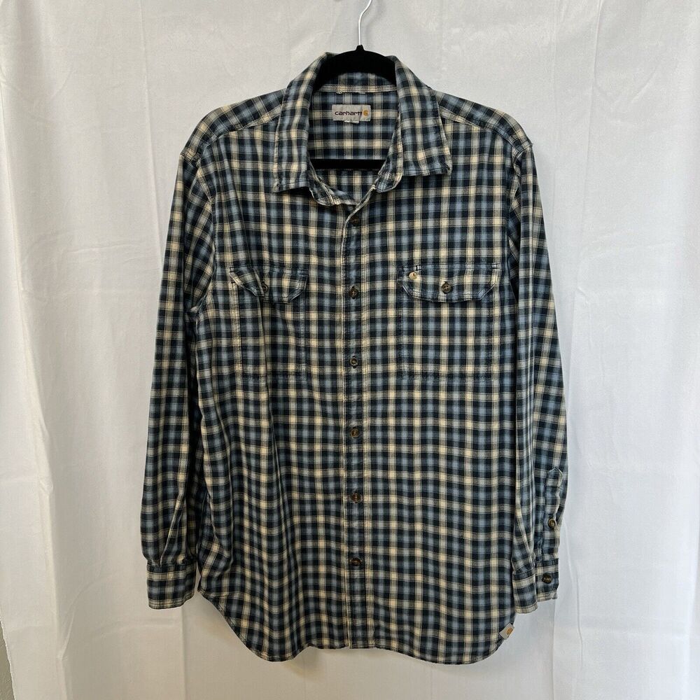Carhartt Relaxed Fit L Heavy Cotton Long Sleeve Button Up Shirt Blue Plaid Work‎